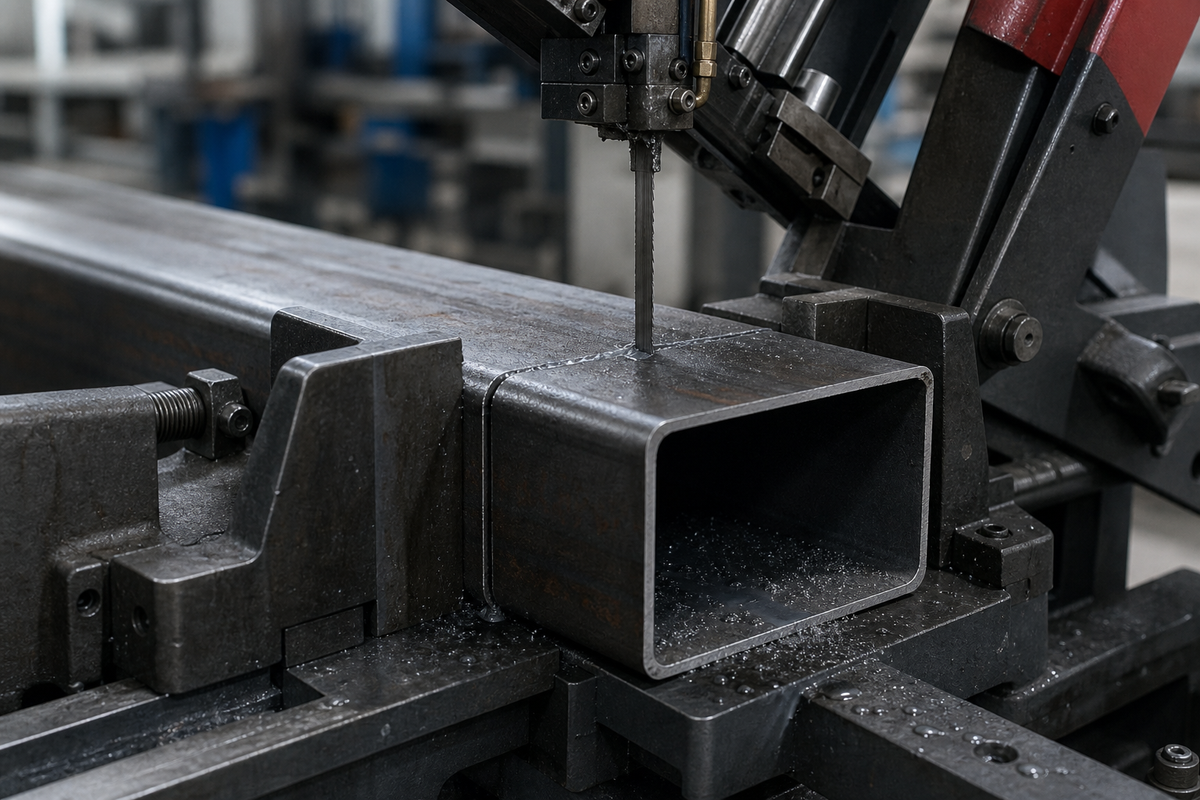 Band saw blade cutting through metal tube in industrial setting