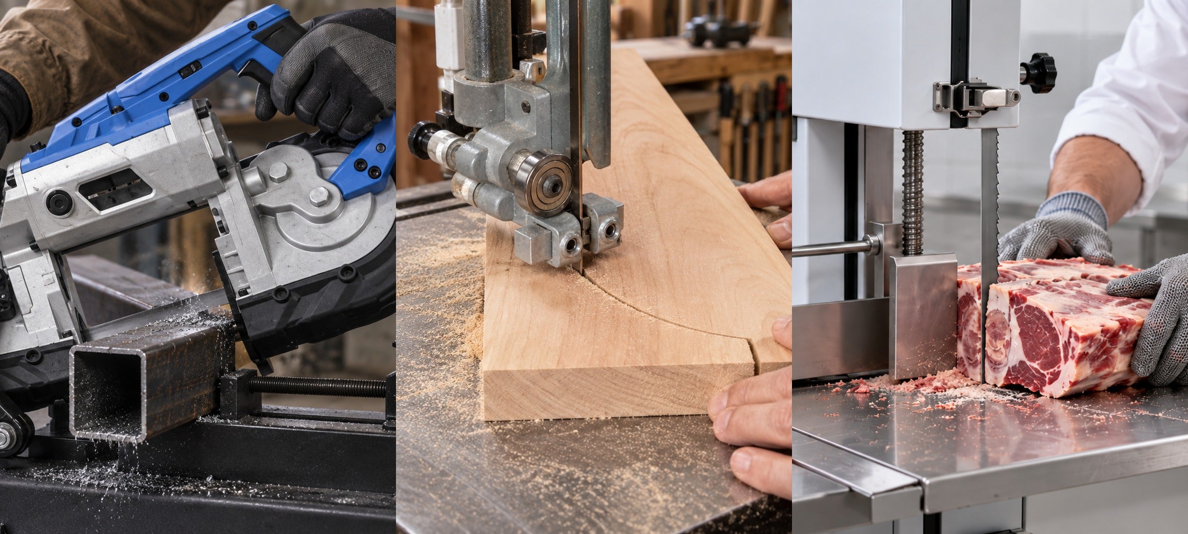 Band saw blades cutting metal, wood, and meat and bone
