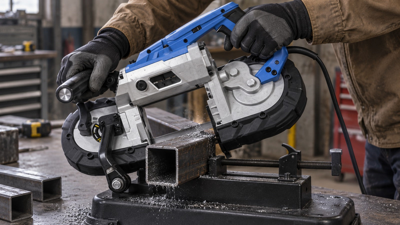 Portable band saw cutting square steel tube