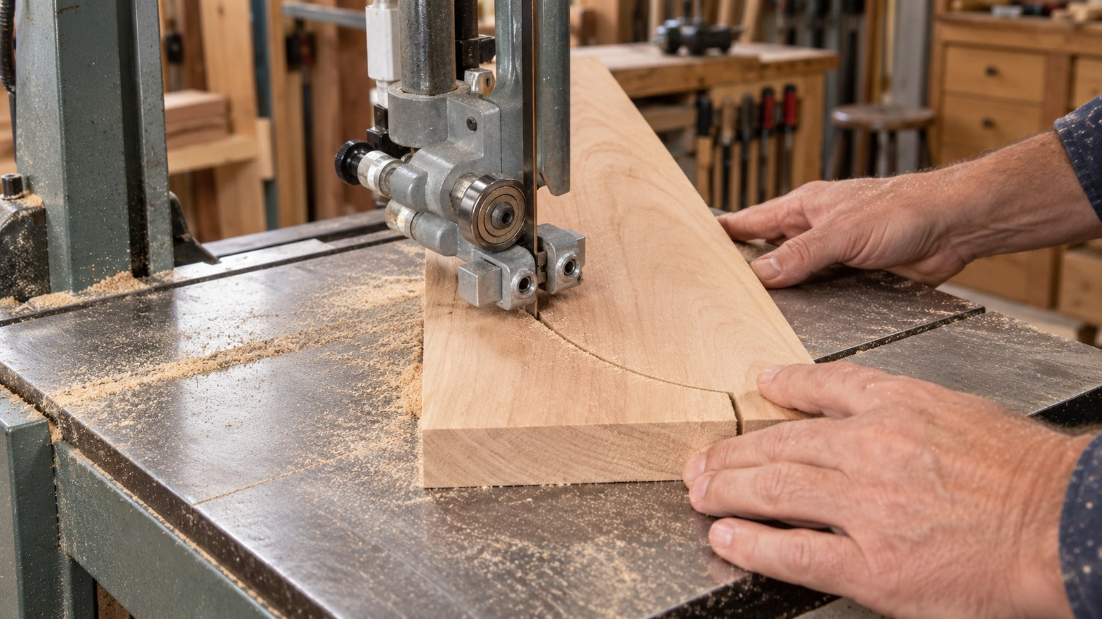 Woodworking band saw cutting hardwood